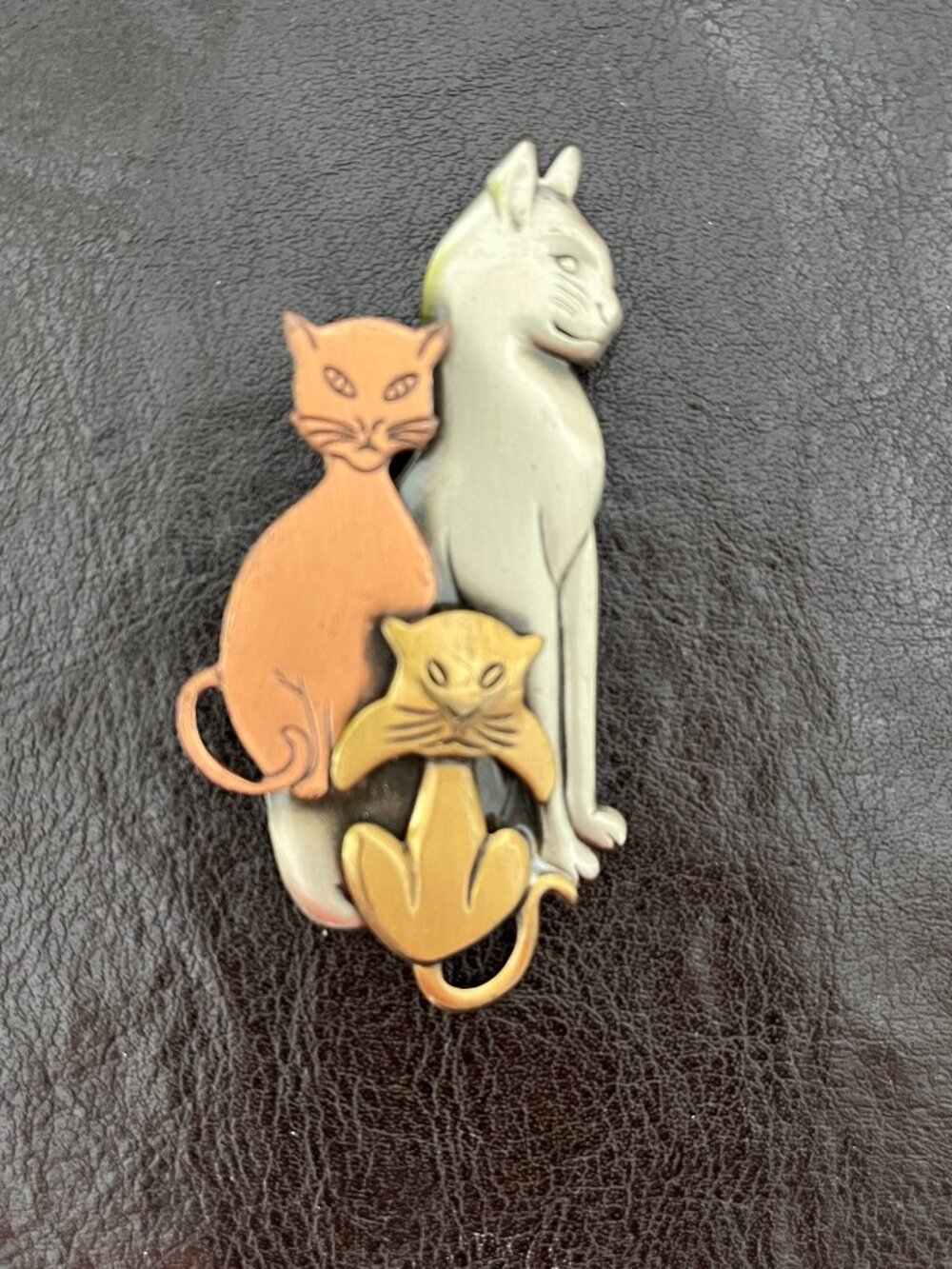 Vintage Modernist Three Cats Brooch Mixed Metal Cat Pin Art Deco Style